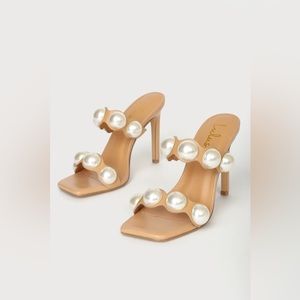 Lulus - Endlesslyy Light Nude Pearl Square Toe High Heel Sandals